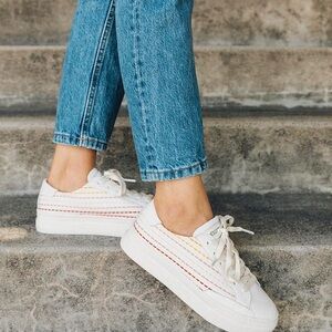 Soludos Ibiza Platform Sneakers in white leather with rainbow stitching